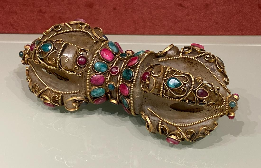Buddhist Ritual Dorje: Buddhist & Hindu Ritual Device Or A Vajra With Colored Hardstone And Gems. 8.5 Inches Long. See Photos for Good Condition Commensurate With Age.