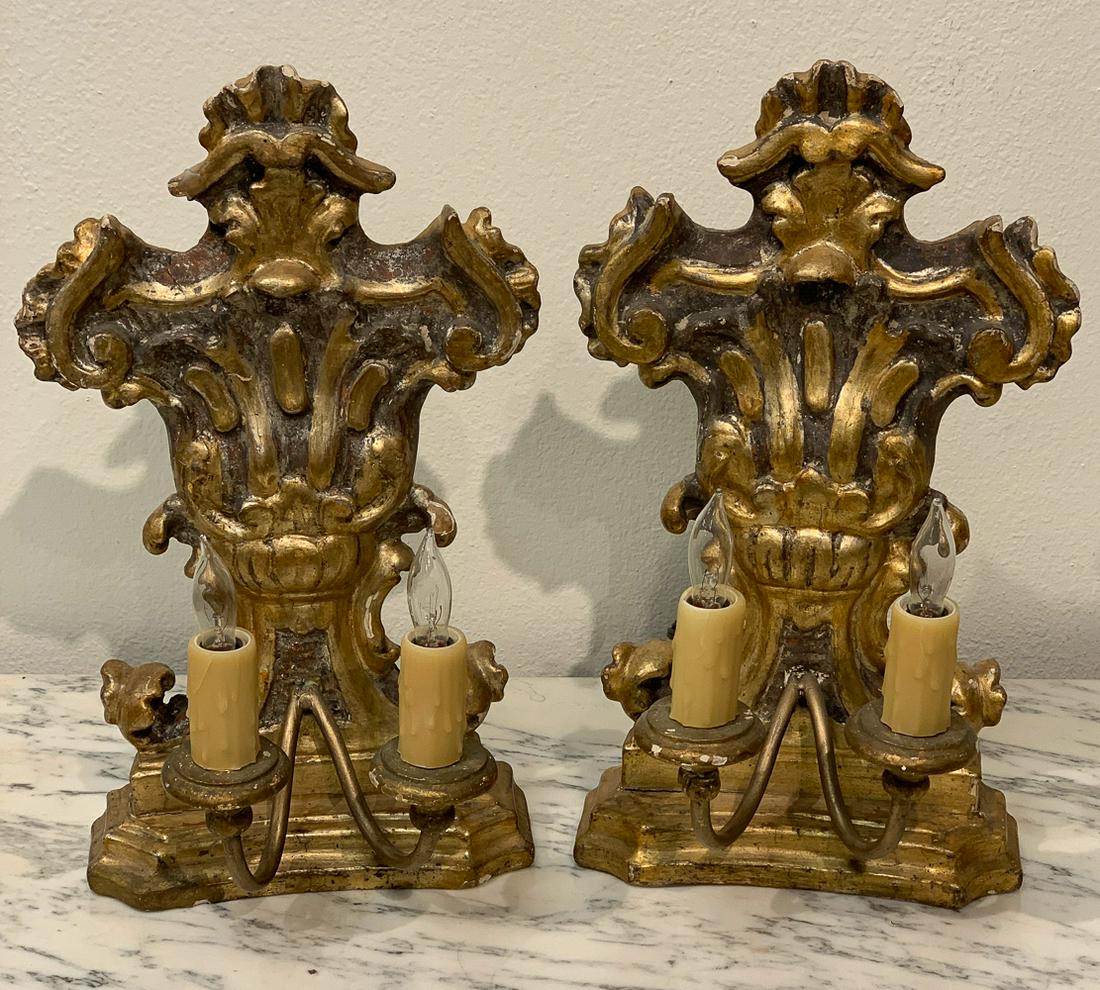 19th Century Italian Elements As Lamps: Carved Giltwood And Recently Rewired. Each 15h X 8w X 6d. Working Condition Unknown. Typical Loss To Gilding As These Are Original Architectural Elements.