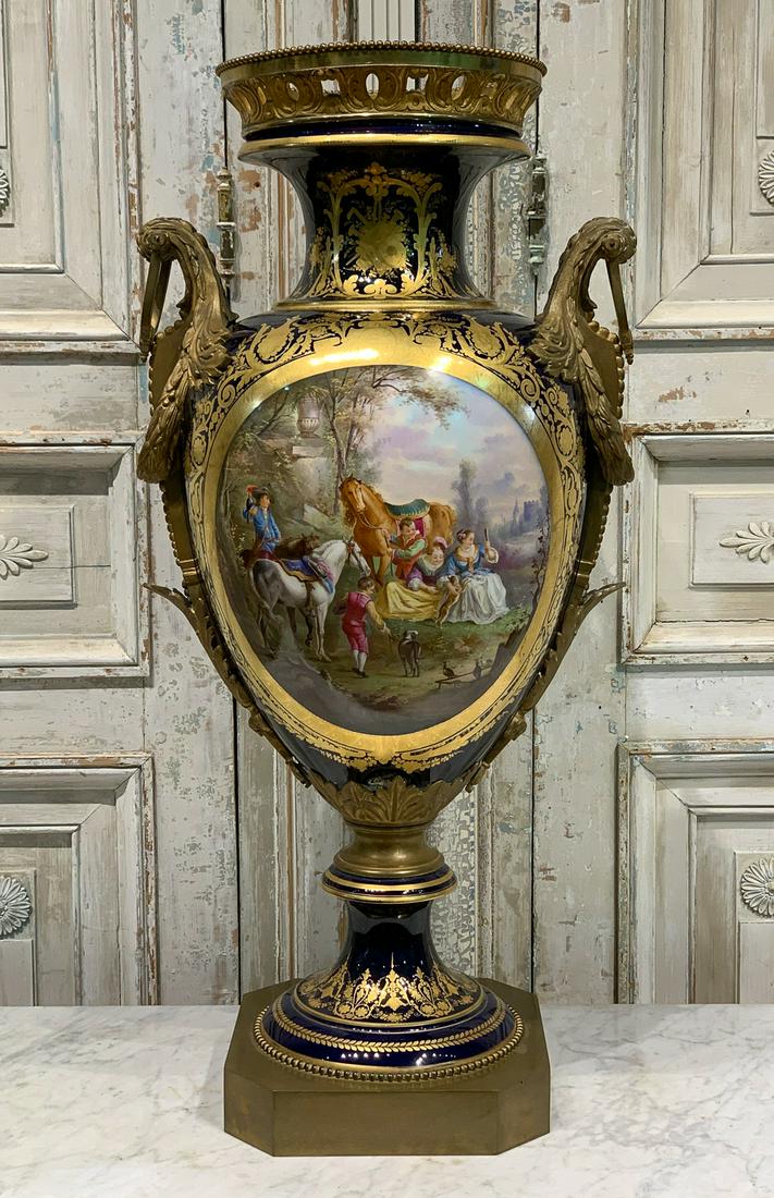 Fine 19th Century French Sevres Style Vase: Or Sevres Style. Impressive Size With Detailed Painting Of Children In Garden Setting Signed A. Colly. 36 1/4 H With Crown, 17w. Inspect Marks And View Photos For Some Loss To Gilding And Typical Anti