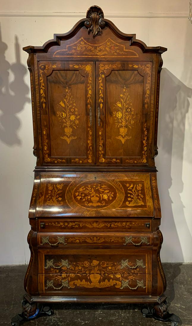 Fine Quality Dutch Marquetry Inlaid Secretary: In Mahogany With Tulipwood Inlay. Early 20th C. Very Nice Condition With No Signs Of Repairs. Good Finish And Polish. Original Brass Hardware. Key Included And Lock In Working Order. 93 x 45 x 22.5.