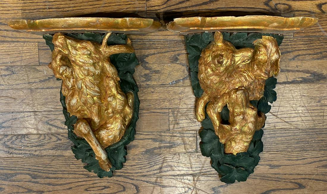Pair Of Gilt And Painted Carved Brackets: With Deer And Hunting Dogs. 12 Wide X 8 Deep X 15.5 High. See Photos For Condition And Typical Loss To Gild, Commensurate With Age.