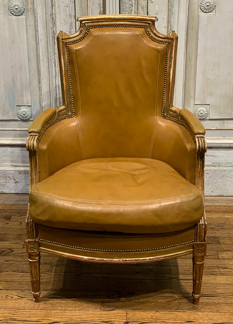 Antique French Parcel Gilt Armchair: With Fine Leather Upholstery. 24d X 25w X 38h. With Hermes Glove Leather.
