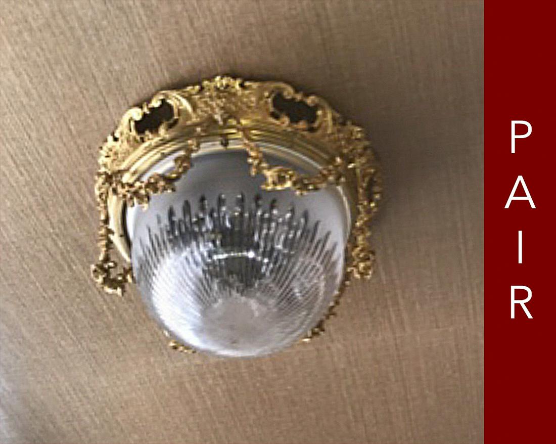 Pair Of French Gilt Bronze Dome Light Fixtures: With Heavy Bronze Swags And Frosted Glass. Each 18w X 12.5h. Very Good Condition.