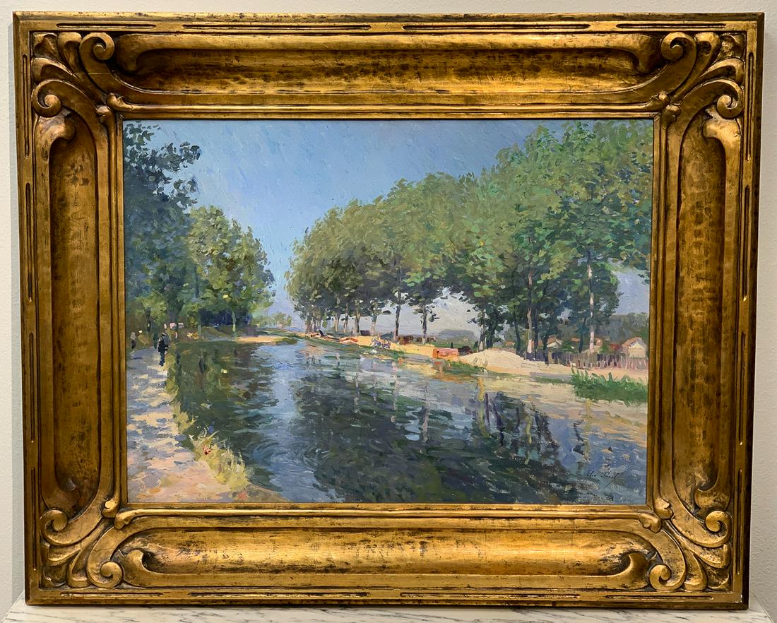 Signed French Antique Oil On Canvas, Elie Pavil: Elie Anatole Pavil (1873-1948). Painting Of Colorful Riverside Scene. 38.25w X 31h Overall In Frame. 27.5w X 20.25h Visible Area. Ukraine-born Pavil Arrived In Paris Aged 18 (1891), And After A Brief