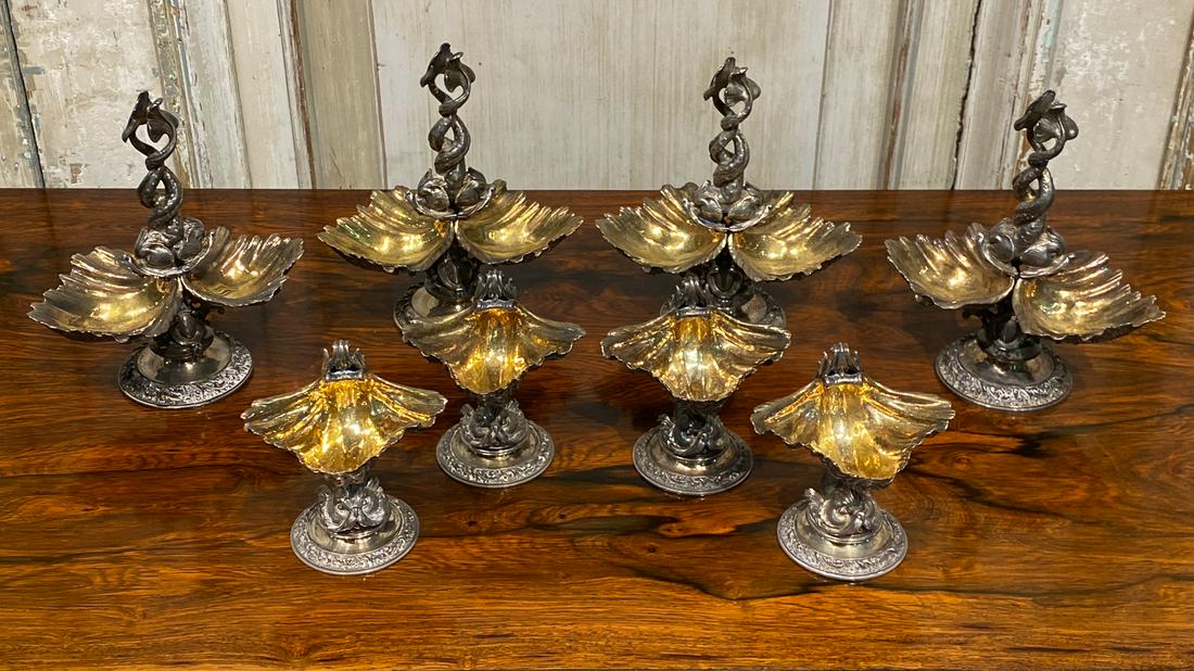 8 Fine French Parcel Gilt Silver Salts, Signed: Signed Fanniere Fres, Paris. 20th Century, Hard-to-find Group. Four Double Cellars And Four Single With Dolphin. Very Good Condition. Single 265.5 G Each; Double 396.4g Each