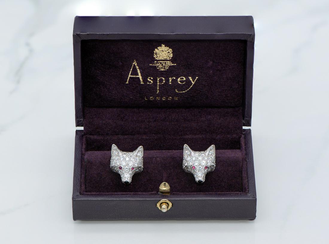 Asprey Diamond Fox Cufflinks: 18k White Gold, 17.5 Grams. Approx 3 Carats Total Weight. Would Also Make Fabulous Earrings With Jeweler's Adjustments. Marked Asprey And E. Wolf & Co., With Hallmarks For Birmingham.