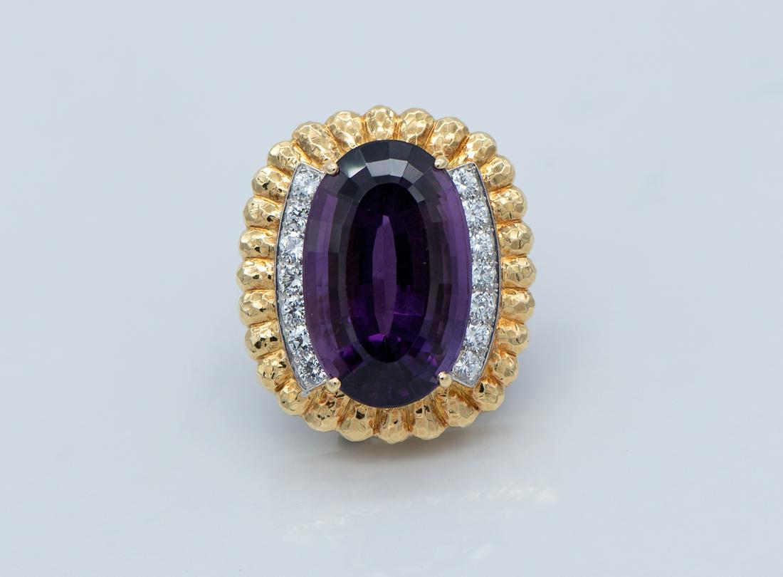 David Webb Amethyst And Diamond Brooch: 18k Platinum. 31.7 Grams, Approx Imately 1.5 Carats Diamonds, 30mm X 18mm Faceted Amethyst. Very Nice Collector's Piece. Coordinating Lot Is Lot 58.