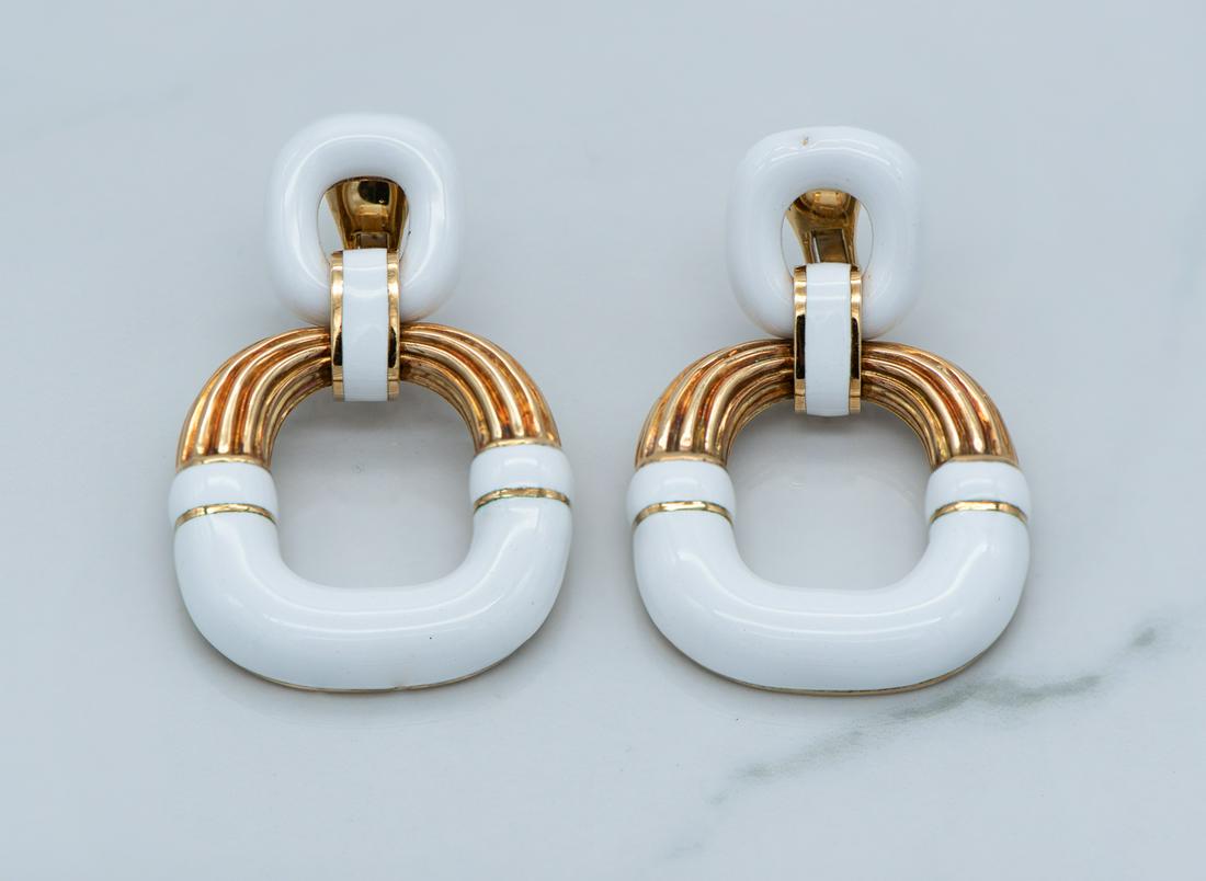 David Webb Enamel And Gold Doorknocker Earrings: 18k Gold 61.7 Grams, Properly Marked. Clip-on. Photos Show Small Chip Or Imperfection To One.