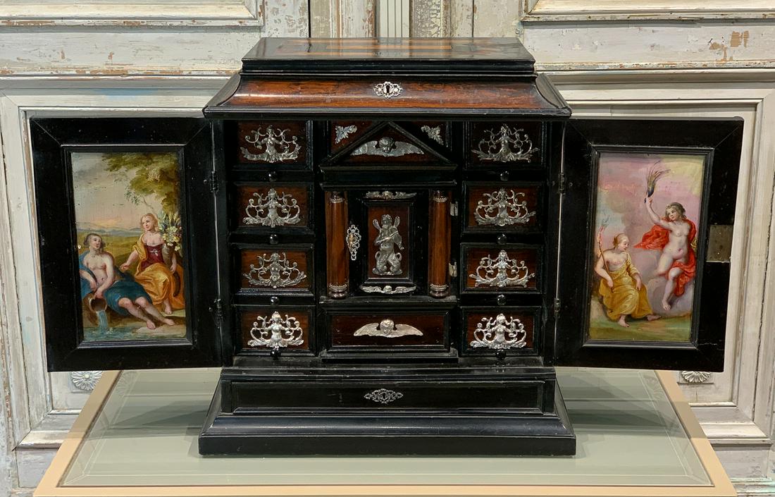 Fine 19th Century Jewelry Box Cabinet: With Inlays, Fitted Interior, Hand Painted Scenes, And Finely Detailed Silvered Mounts. 21.25h X 20.5w X 12.25d. See Photos For Good Antique Condition.