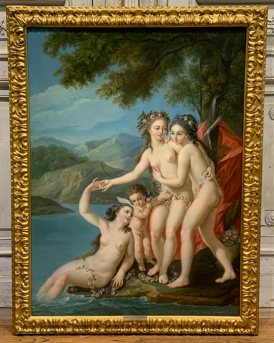 Oil On Canvas In The Manner of Francesco Zuccarelli: 19th Century Painting Of The Three Graces And Winged Putti In Carved Giltwood Frame. Plaque Reads Francesco Zuccarelli 1704-1788. 43w X 56h Overall With Frame. 36w X 49h Visible Area. Very Good Condit