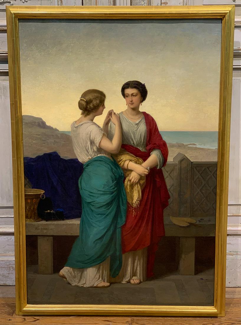 19th Century Painting, Greek Women, Jean Aubert: Superb Oil On Canvas Painting Of 2 Ladies By Shore. Signed Left Side And Dated 1861. 36w X51h Overall With Frame. 31.75w X 47.25h Visible Area. Very Good Condition For Age, Typical Craquelure.