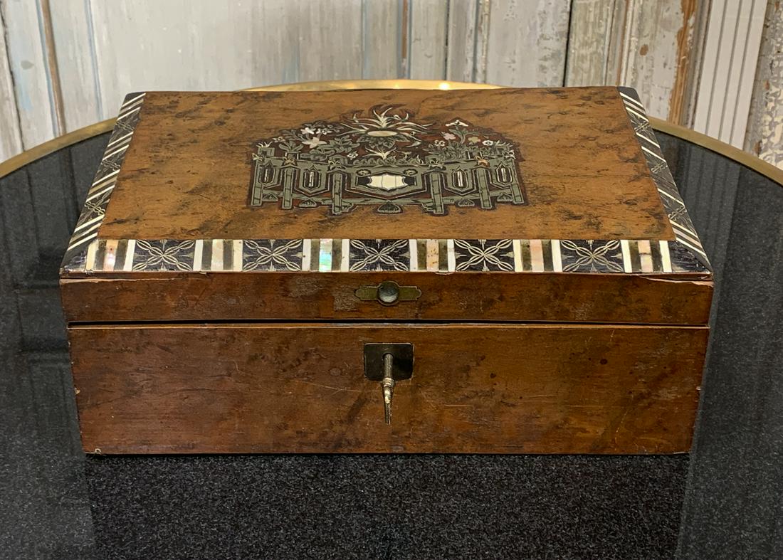 19th Century Inlaid Writing Box: With Brass And Mother Of Pearl Inlays. Tooled Leather Writing Surface. 13w X 9d X 5h. See Photos For Antique Condition.