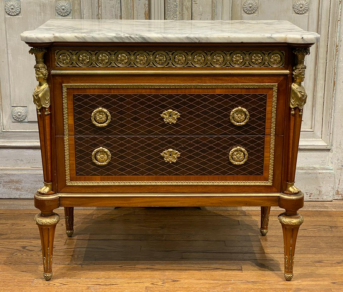 Louis XVI Style Chest With Marble Top: And Bronze Mounts. Very Good Condition overall, though 3 pieces are missing at feet, not noticeable (see photos). Some chips to marble top as shown. Great Style. 41 high x 39 wide x 20 deep.