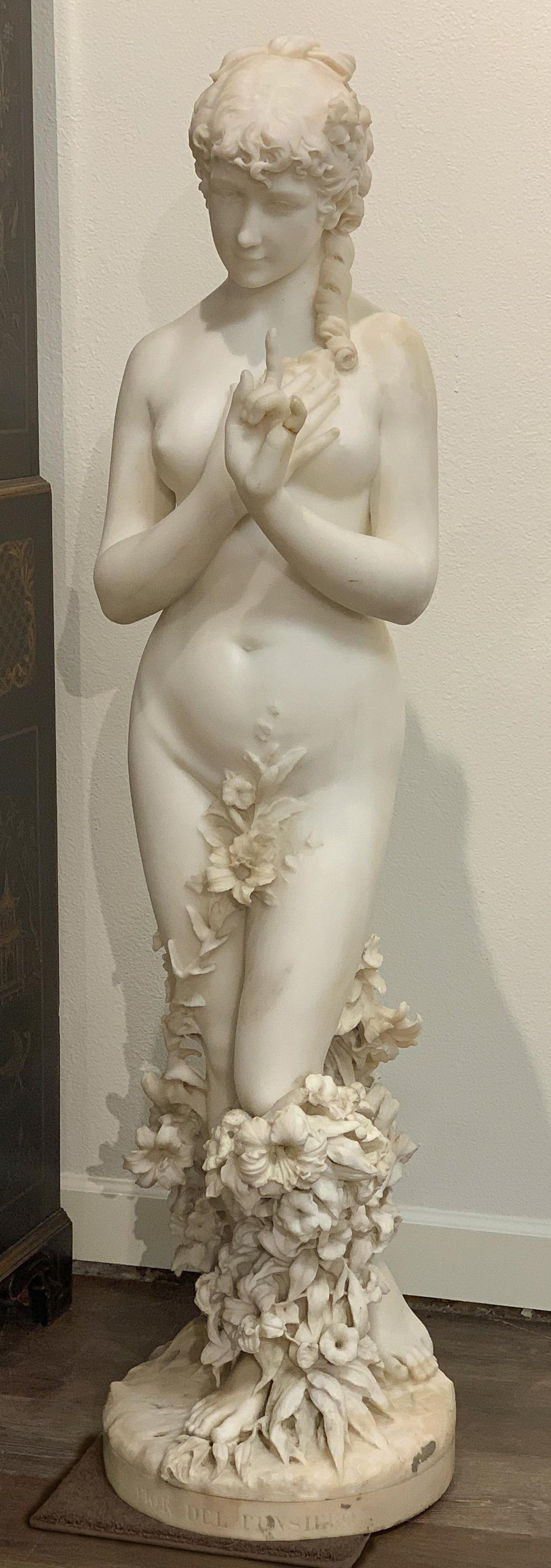 Signed 19th Century Italian Statue, C. Lapini: Maiden With Flowers Titled Flor Del Pensiero. Signed C. Lapini, Firenze 1886. 59h X 15w X 17d. See Photos For Condition. One Finger Has Been Repaired And Has Missing Phalanx.