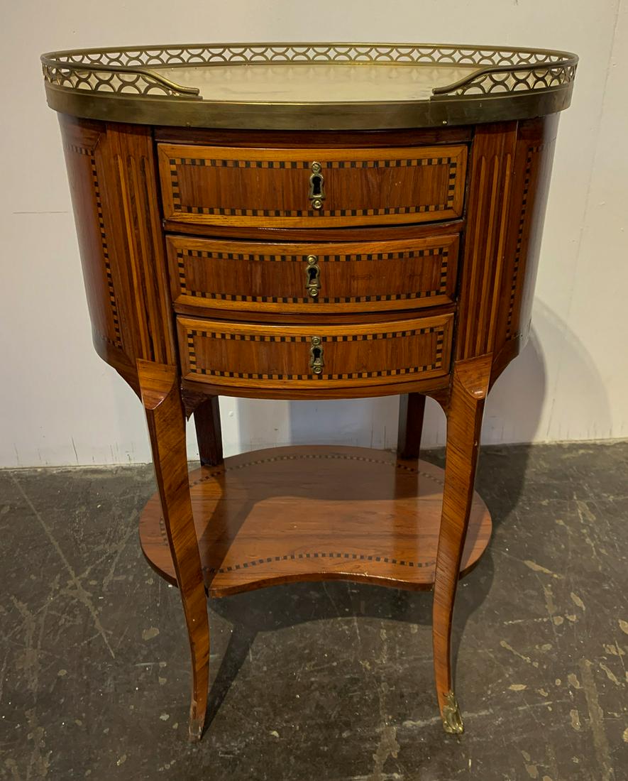 French Transitional Side Table: With Marble Top And Brass Gallery. Missing One Sabot. Late 19th C. 19w X 14d X 29h
