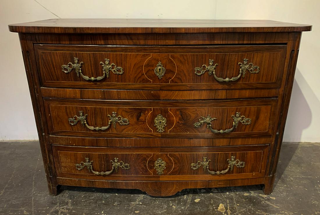 18th C. French Regency Rosewood Commode: With Original Bronze Hardware. Very Good Condition For Age. Structurally Sound. Minor Fading To Finish Near Bottom Left. 51w X 25d X 34h