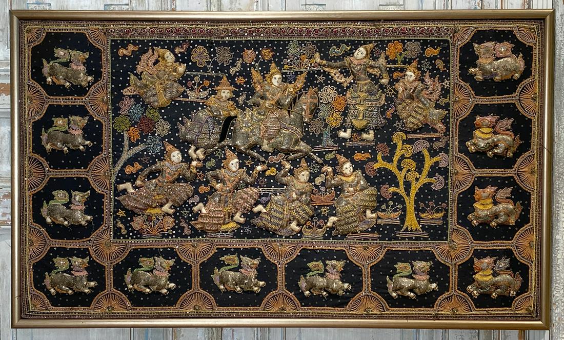 Framed Indonesian Beadwork: 64 1/4 Wide X 36 1/2 High. Typical Vintage Condition. Mouse Over Images To Zoom.