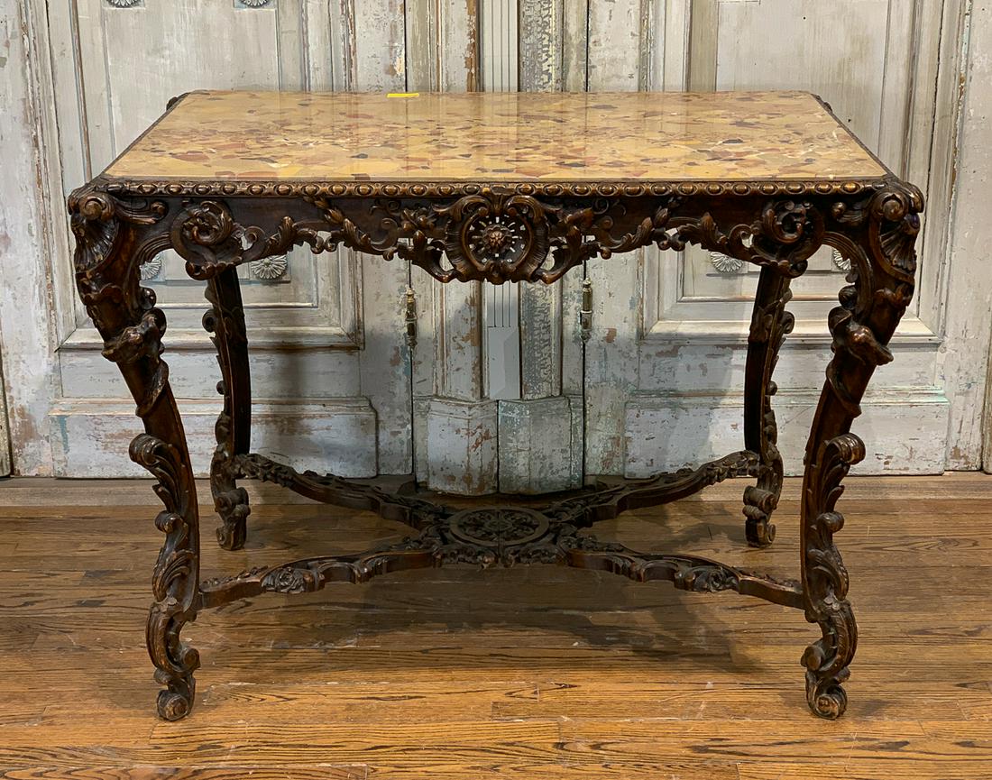 19th Century French Carved Center Table: With Inset Breche Marble Top. 43w X 29.5d X 32h. See Photos For Good Condition.