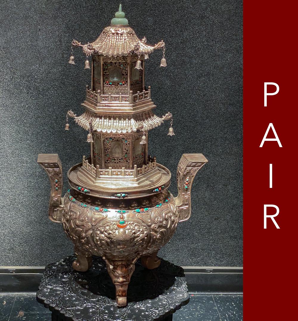 Pair Of Silvered-copper Bejeweled Pagodas: Pair Of Mongolian Silvered-copper. See Photos For Some Cracked And Missing Stones And 3 Missing Bells. Patina Is Typical And Inconsistent Across Bases. Some Tarnish, Particularly At One Foo Dog's Face