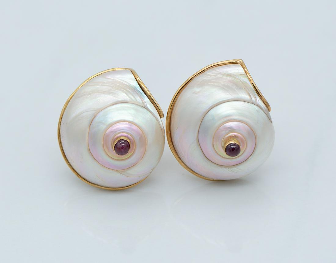 Andrew Clunn Shell Earclips With Rubies: Mother Of Pearl And 18k Gold. One Has Chip, Approx .35 Cts Total Weight. Cabochon Rubies. 38.5 Grams. Please Inspect Photos.
