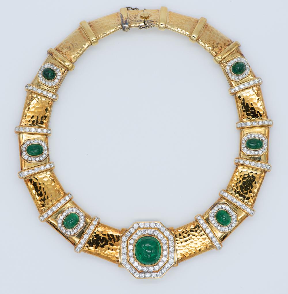 Exquisite Emerald And Diamond Choker By Chan: 35-38 Carats In Emerald Cabochons, 15 Carats In Diamonds. 246.3 Grams.