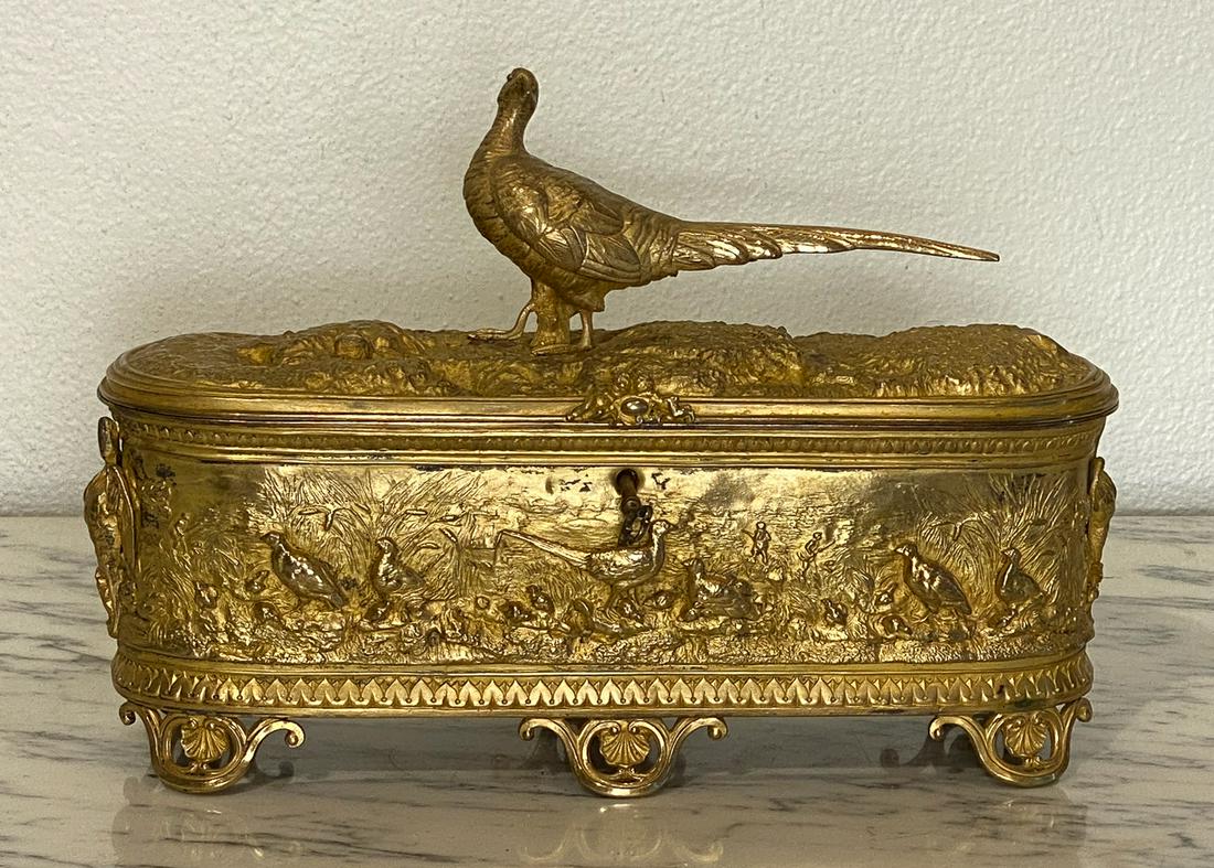 19th C. Bronze Dore Jewelry Box With Pheasant: Very Nicely Cast Trinket Box, See Attached Original Receipt And Estimate. 11x4x8, Unmarked. See Top For Where Additional Bird May Once Have Been Attached.
