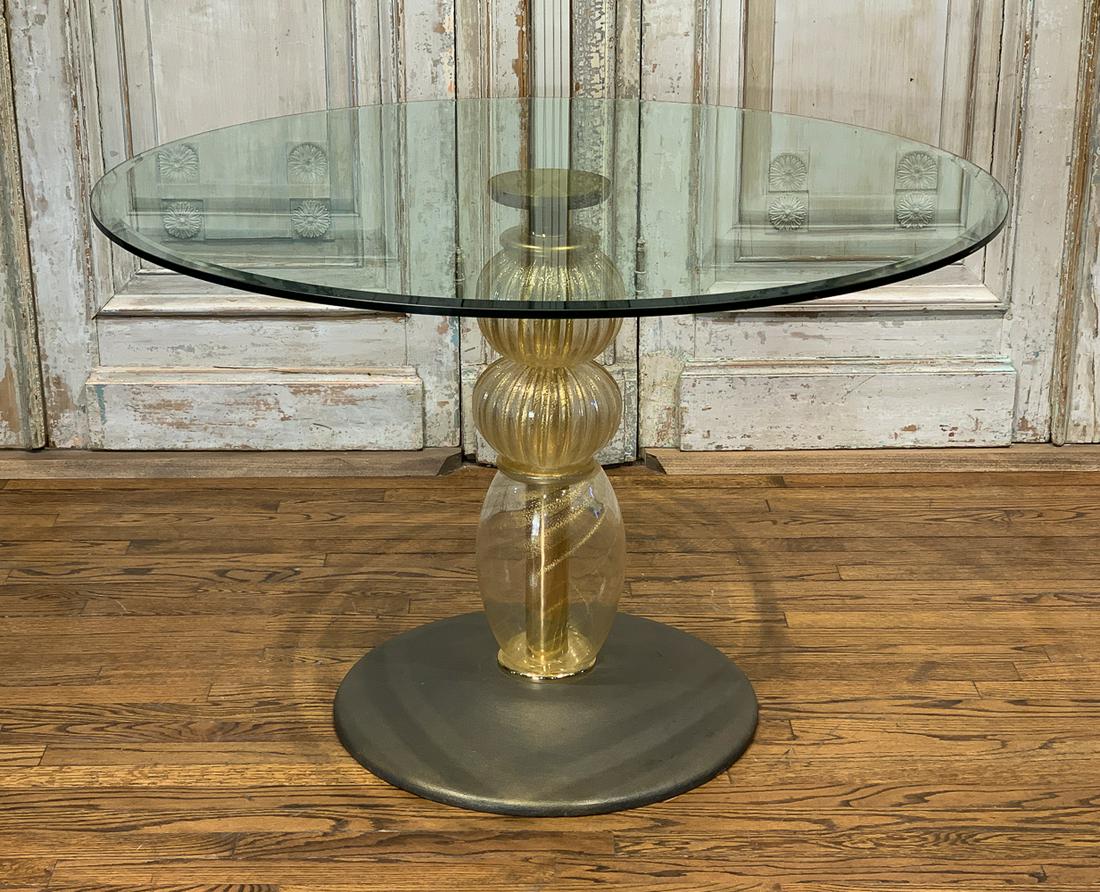 Murano Glass Center Table: Could Be Used For Dining Or As A Center Or Side Table. Murano Column And Glass Top. 46x29.5 Some Surface Scratches To Top; Note small cracks in two pieces in photos. Cracks not apparent when table ass