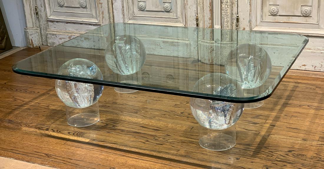 Unique Contemporary Glass Coffee Table: With Glass Orbs As Feet. 48x59.5x15. Lucite Bases Under Orbs Are 5 Inches High And Not Attached. If Bases Are Added Table Height Is 15.5. Orbs Have Flat Bottoms And Additional Height From Bases Isn't