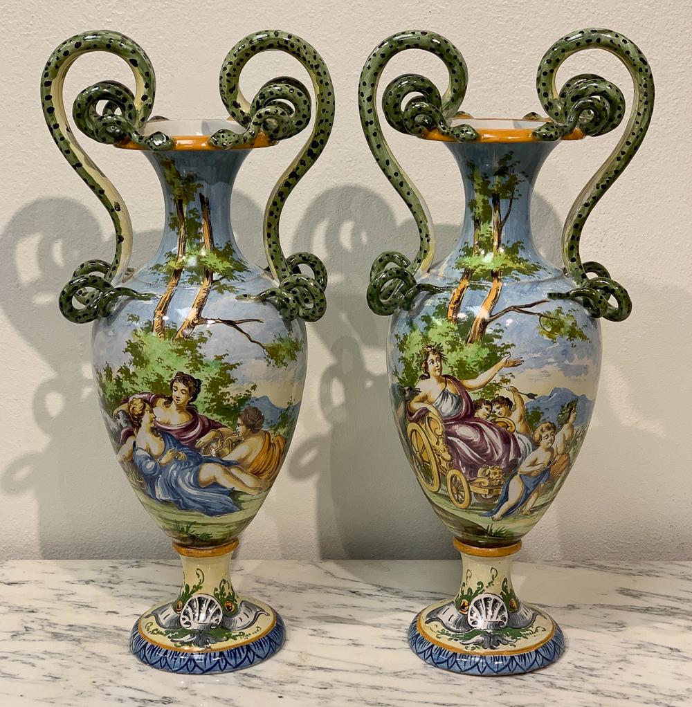 Antique Capodimonte Style Faience Vases: With Curling Snake Form Handles. Each 21.25h X 9w X 7d. See Photos For Condition And Marks. Has Previous Repair To Handle.