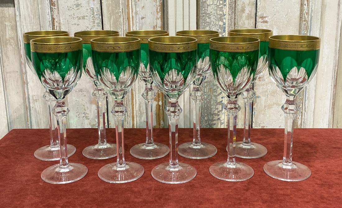 10 Emerald Cut Glass Goblets: All Very Good Condition. 2 Sizes, But Almost Indistinguishable.