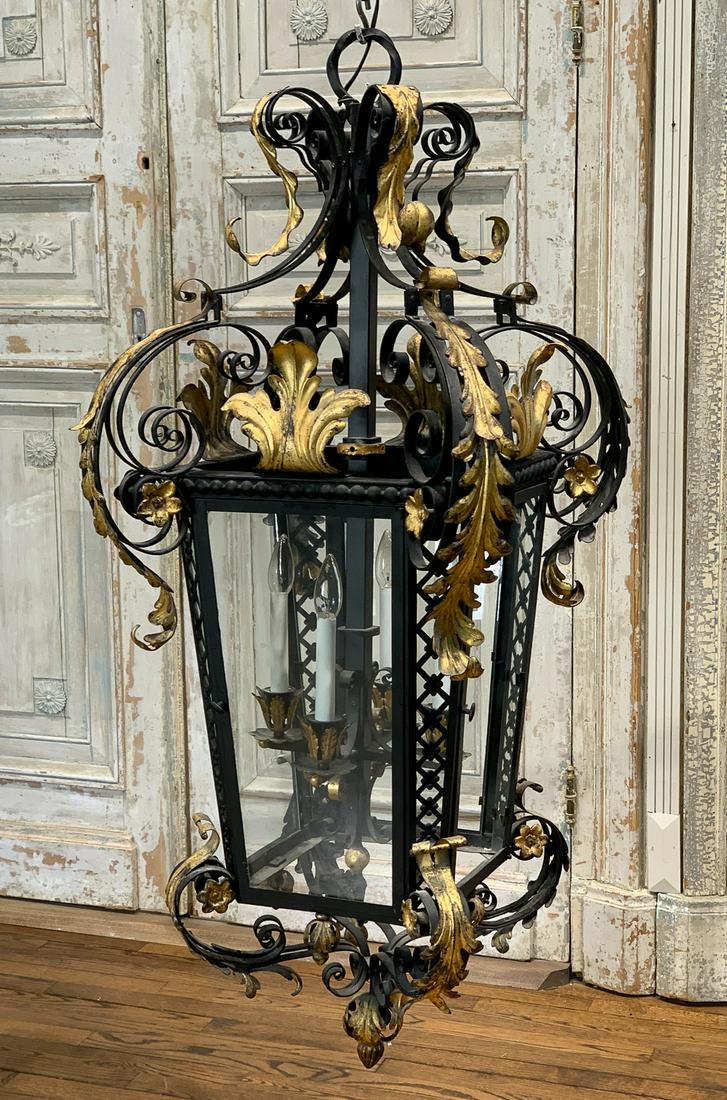 Large French Parcel Gilt Lantern: Large Size; 4-lights. 27w X 48h. 1 Pane Of Glass Missing.