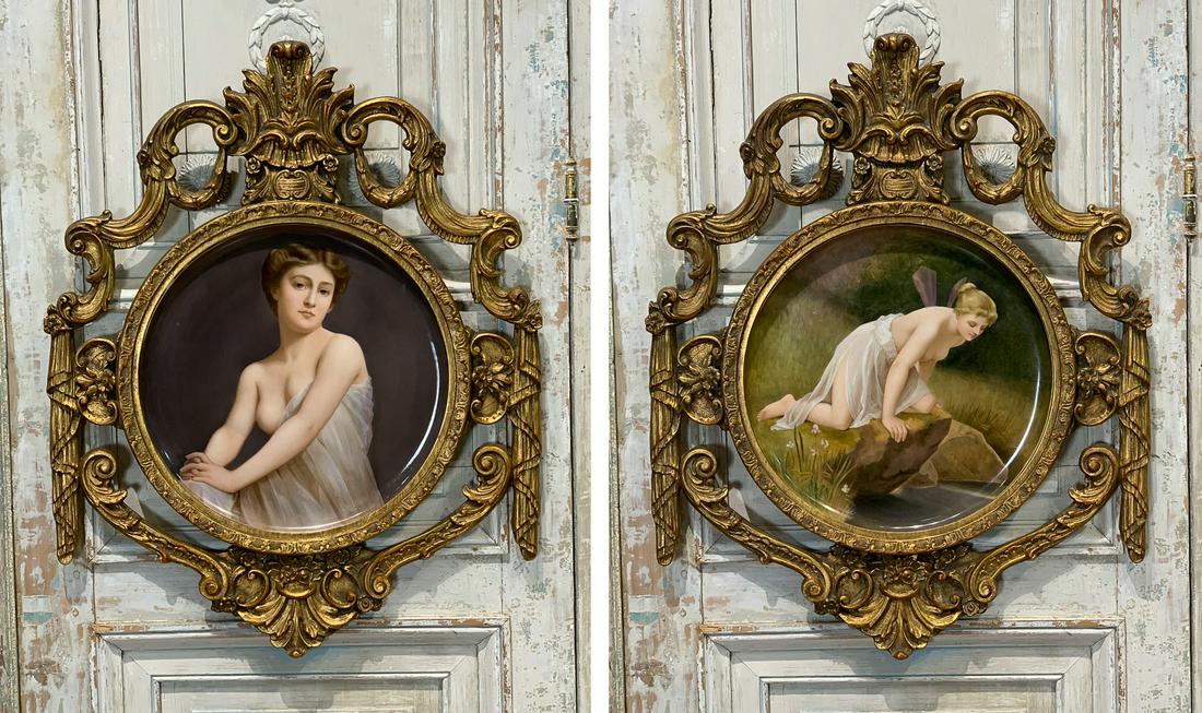 Pair Of Signed Porcelain Plaques, K. Ullmann: 19th Century Plaques In Later Frames. Each 26w X 32h Overall In Frame. Each Plaque 16.25w. Ex- Anheuser- Busch Estate, St. Louis. Very Good Condition Commensurate With Age.