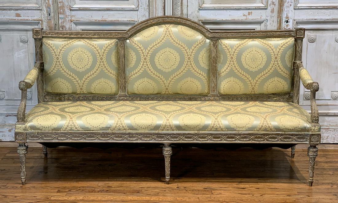 Oversized French Carved & Painted Settee: 20th Century With Custom Silk Upholstery. 83w X 47h X 27d. Overall Good Vintage Condition And Structurally Sound.