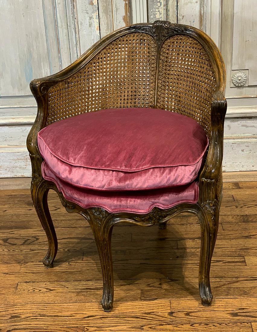 19th Century French Caned Bergere Marquise: With Velvet Cushion. 25.5w X 31.5h X 24d. Very Good Condition.
