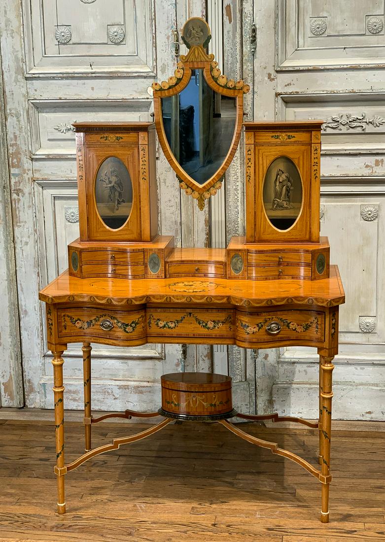 Adam Style Hand Painted Vanity Table: Ladies Dressing Table With Mirror. Trestle Has Storage Box. 68.5h X 41w X 22d. Good Vintage Condition With One Repair To Trestle.
