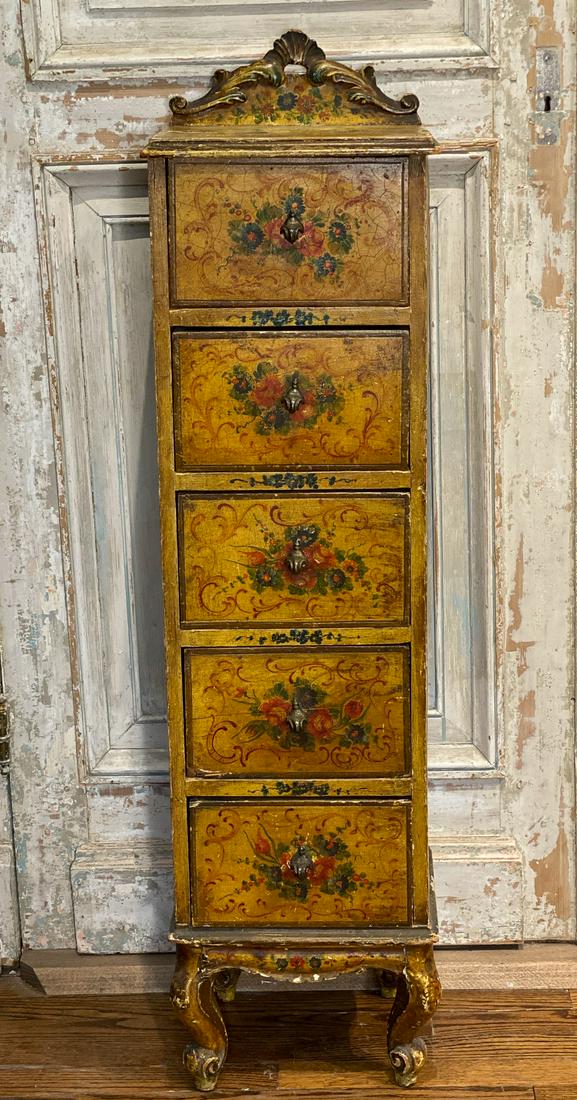 19c Italian Painted Narrow Chest: Nice Small Size 13 Wide X 10 Deep X 49 High See Photos For Typical Antique Condition And Some Loss To Paint.