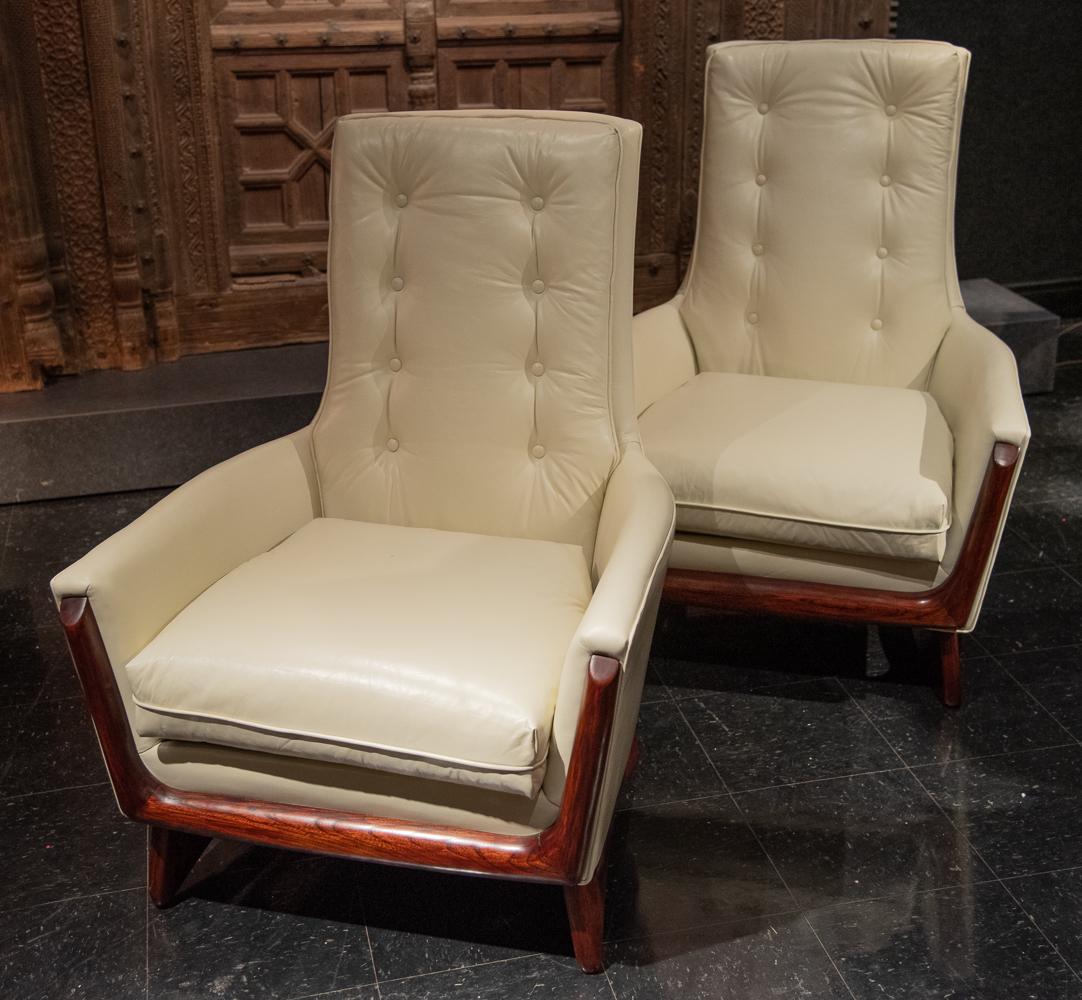 Adrian Pearsall Chairs, A Pair: Lounge Chairs Upholstered In White Leather. Good Condition With Minor Scratches To Lower Sides And Backs. One Chair Has Larger Tonal Scratch To Bottom Side Panel. See Photos. 40 High X 31.5 Wide X 27.