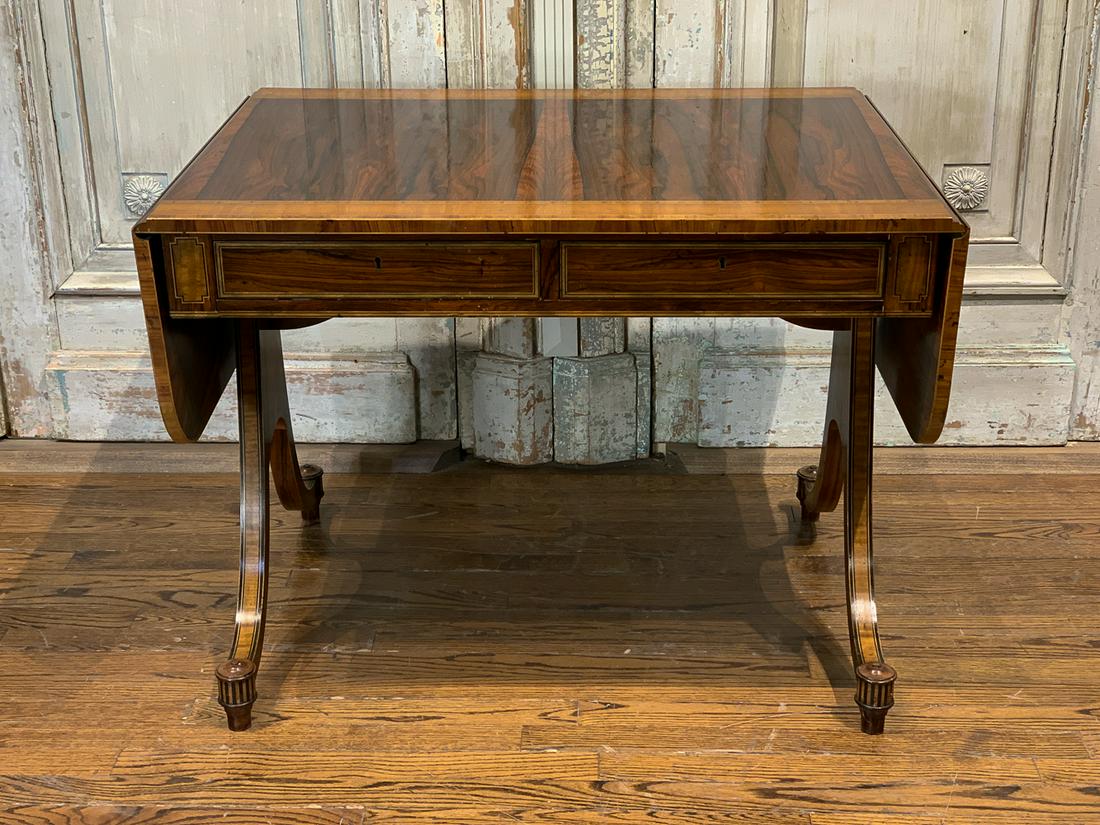 Regency Drop-leaf Inlaid Desk: Or Table. 20th Century With 2 Drawers. 27d X 26.25h X 35.25w. Extended 56.25w. Good Antique Condition, Some Faint Surface Scratches That Can Be Buffed Out.