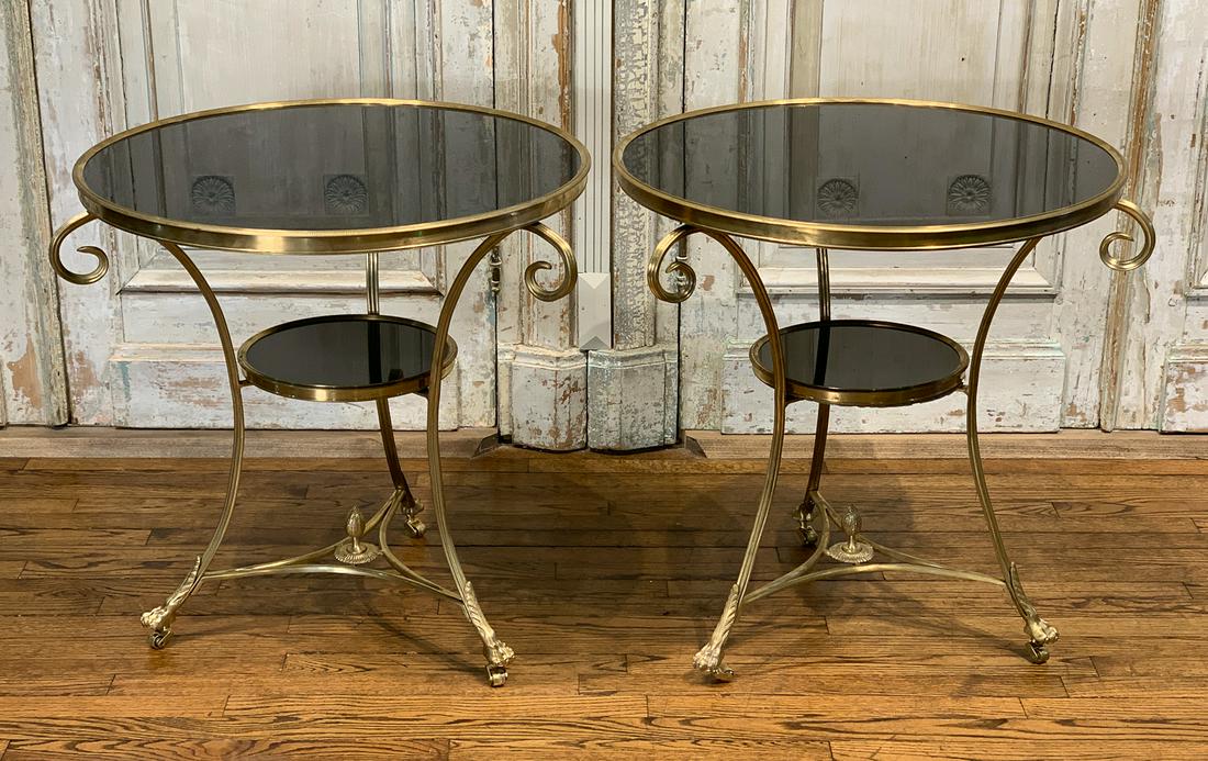 Pair Of French Gilt Bronze Gueridon Tables: 20th Century With Black Granite Tops. On Casters. 27.5w Tops X 28.25h