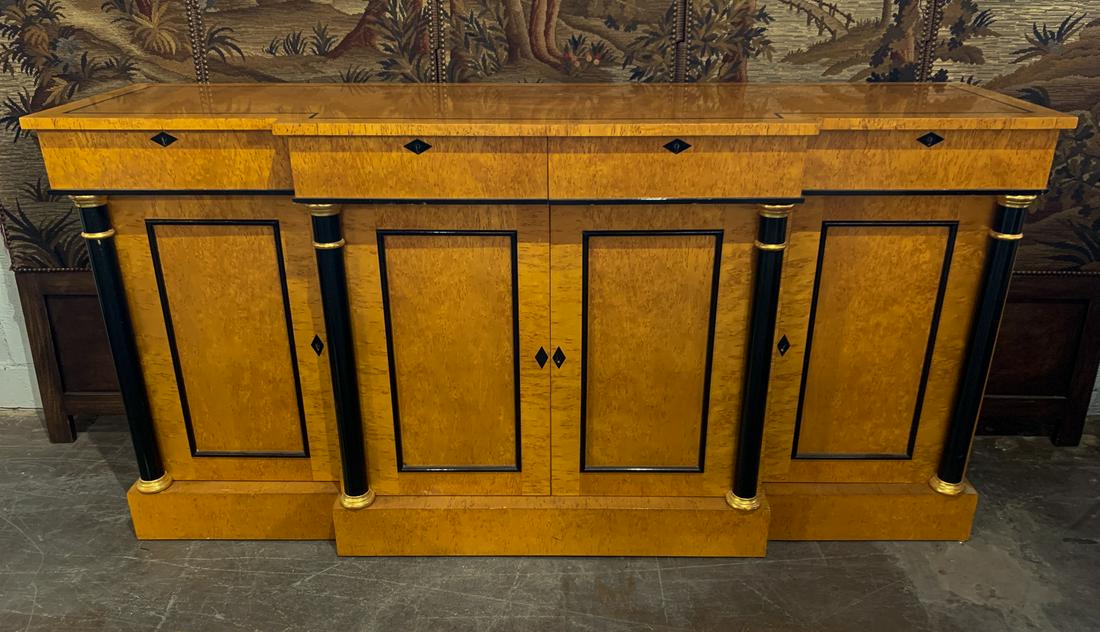 Biedermeier Maple And Ebony Credenza: With Gold Leaf Accents. Very Nice Condition, Finish And Polish. Slight Scuffs At Feet As Shown. Keys Included. 20th C. 71w X 20d X 36h