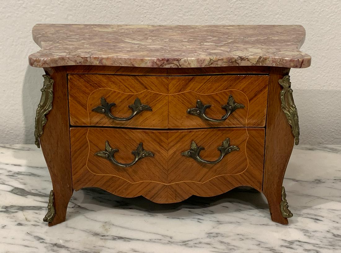 Miniature French Inlaid Commode: With Marble Top. 12.5w X 7d X 7h. See Photos For Good Antique Condition.