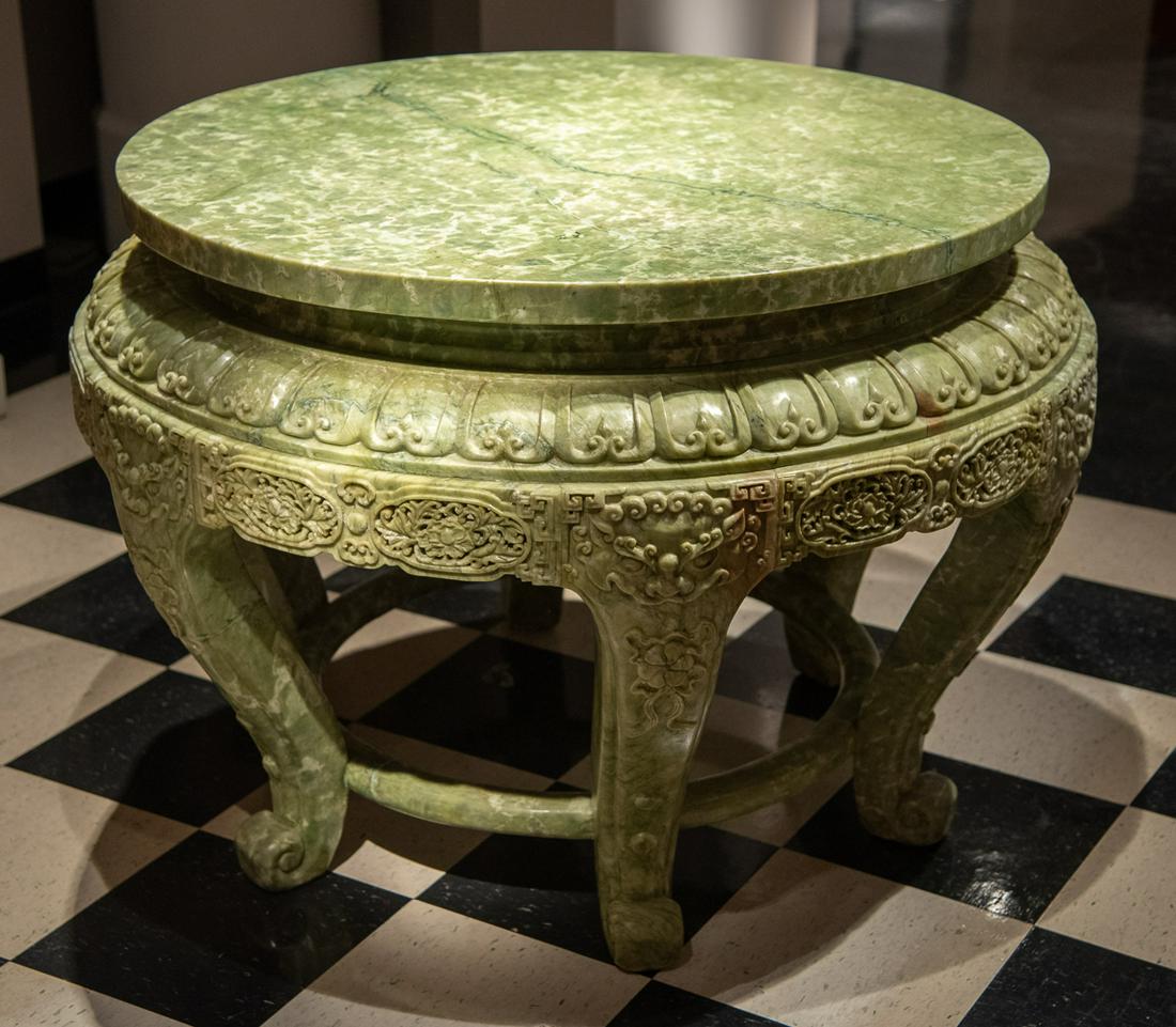 Extraordinary Center Table Of Carved Jadeite - B: Magnificent Chinese Center Table Carved Entirely Of Luminous Pale Yellow-green Jadeite. Only Minor Surface Scratches. Note: We Will Not Provide Loading Or Packing Help For This Piece. It Will Need To 