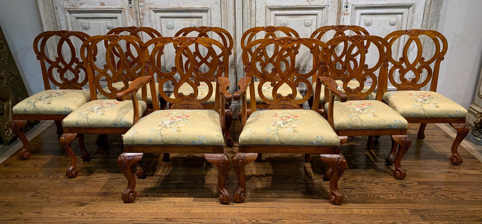 Set Of 10 Irish Georgian Style Dining Chairs: With Custom Upholstery. 2 Armchairs 29w X 24d X 39.5h. 8 Side Chairs 38.5h X 22w X 22d. 6 Are Original And 4 Were Carved Later To Match.