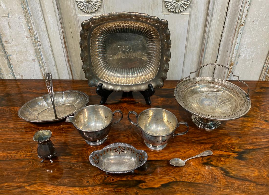 Group Of Sterling Silver Articles: Including Small Tiffany Footed Bowl (1.086), Wallace Basket, And Reed And Barton Spoons. See Photos For Marks. Left Basket: 2.161 Ozt Vase: .946 Ozt Cup 2.8 Ozt Cup 2.5 Ozt Spoon .21 Ozt Square Bowl 7