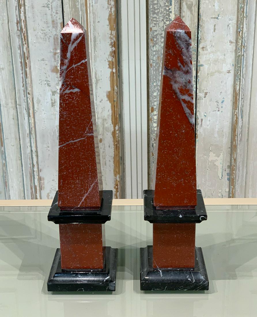 Diminutive Pair Of Rouge Marble Obelisks: With Black Marble Accents. Each 12.25h X 3 1/8d.