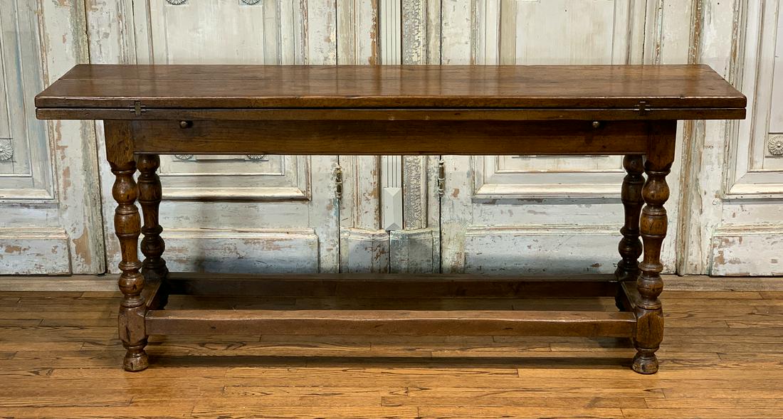 19th Century Flip Top Console Or Dining Table: Nice Narrow Size As Console Or Convenient As Dining Table. Open 71w X 33.75d X 30h. Closed 16.5d. Very Good Antique Condition.