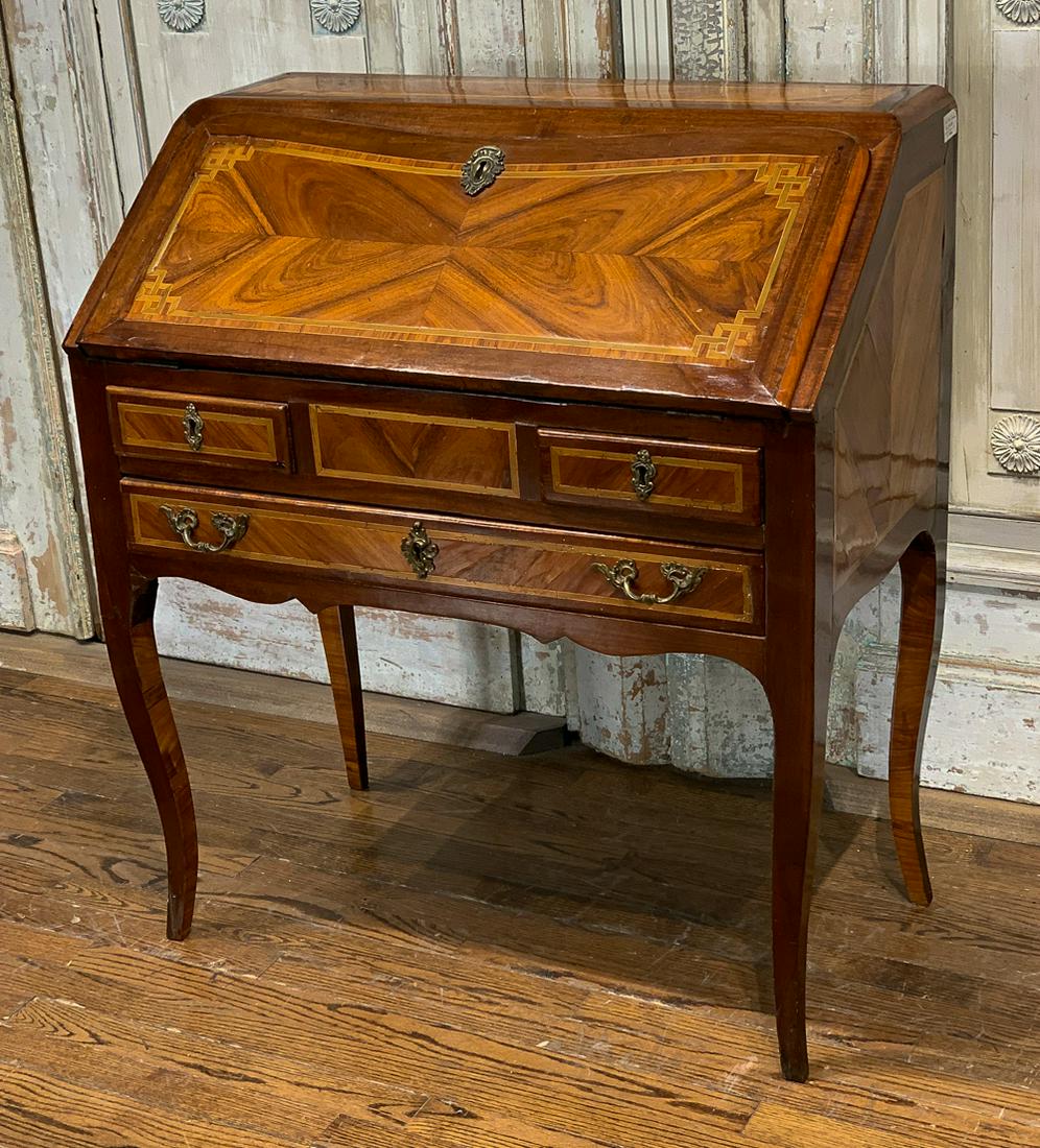 18th Century French Slant Front Inlaid Desk: Louis XV Style With Fitted Interior. Banded Sycamore Woods. Good Condition For Age, See Photos. 32w X 17d X 35.5h