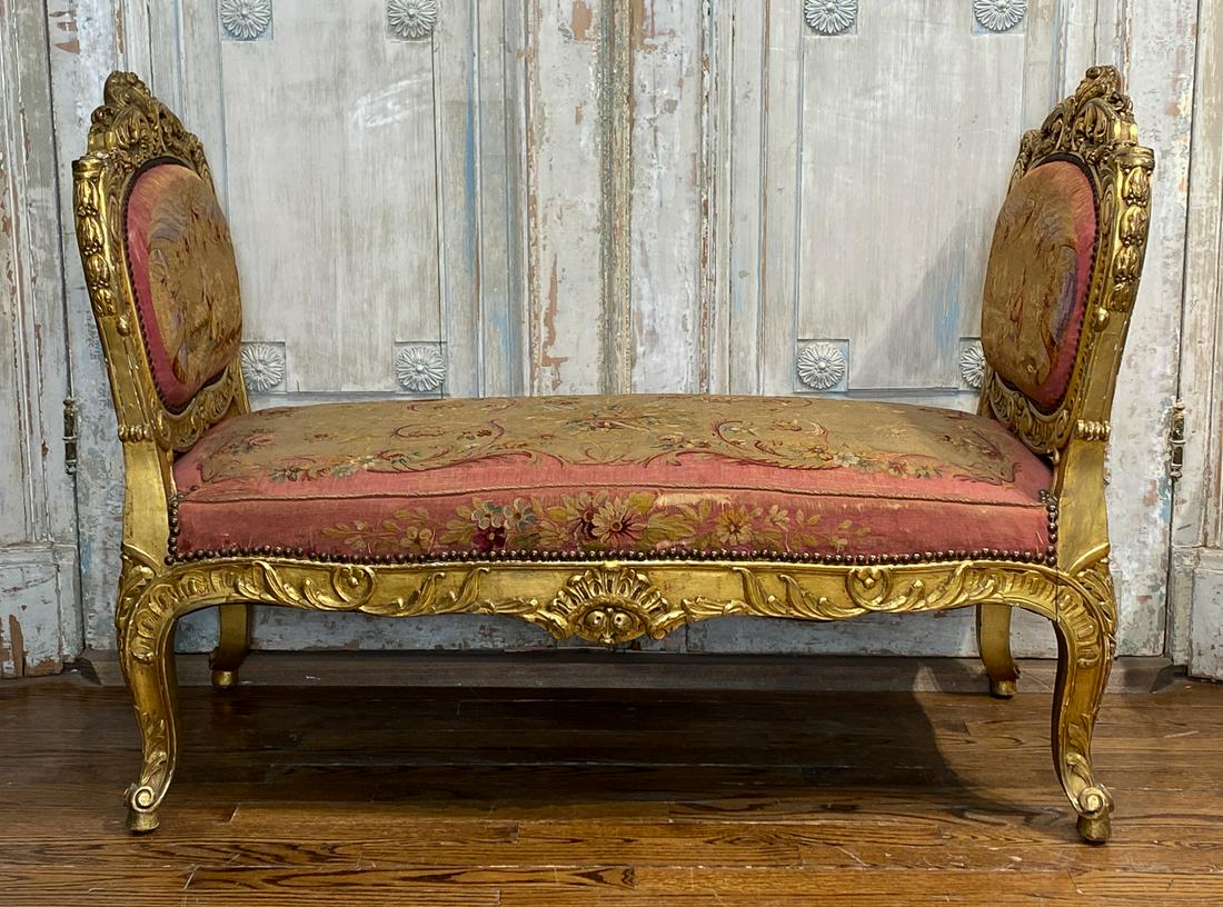 Carved And Gilt Bench: Covered In Antique Tapestry. See Photos For Good Condition And Wear (some Significant In Spots) To Tapestry. 19th C. 47.5x22x34.25