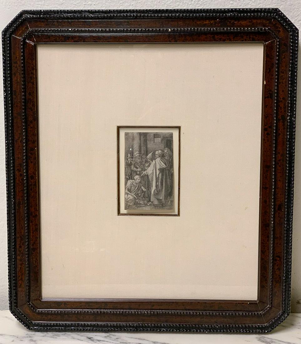 Albrecht Durer Engraving With C O A: From The Engraved Passion Series. "St. Peter And St. John Healing The Lame" c. 1513. 19h X 17w Overall In Frame. Engraving 2 15/16w X 4 11/16h. Certificate Of Authenticity From Galerie Michael. See Ph