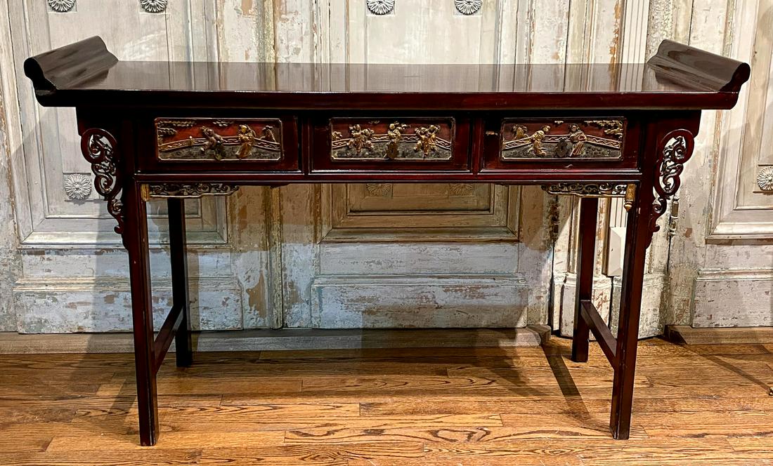 A Chinese Rosewood Console Table: With Three Gilt-painted And Carved Drawers. Overall Good Vintage Condition And Nice Polish. 56 x 34 x 17.